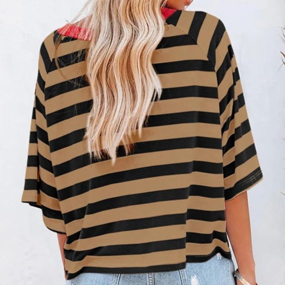 Striped Fashion Tee for Women Color Block Crewneck Loose Fit - Size L - Picture 3 of 5